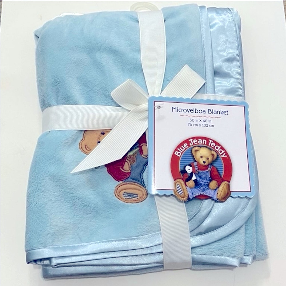 NWT Vtg Blue Jean Teddy Microvelboa Blanket Bear Airplane Boy Satin Old Stock